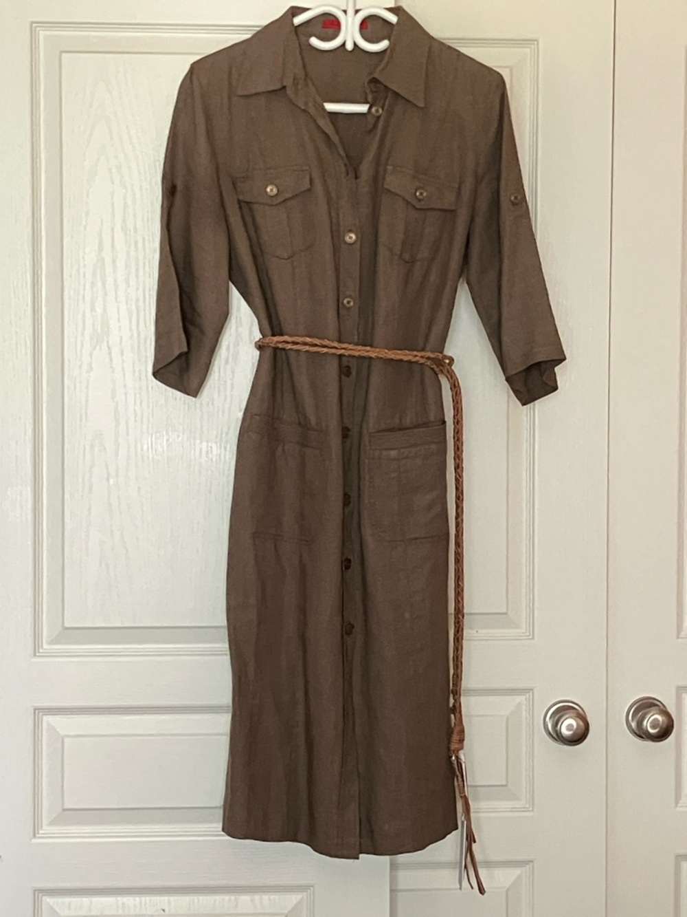 Utility-Style Brown Linen Midi Shirt Dress